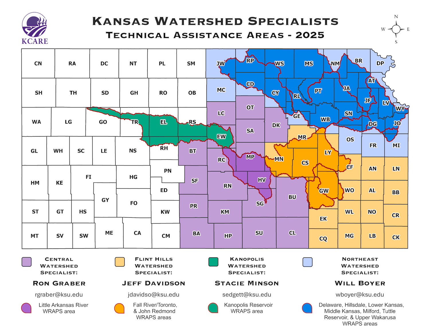 2025 Watershed Specialists referral areas a map of Kansas showing referral areas for watershed specialists